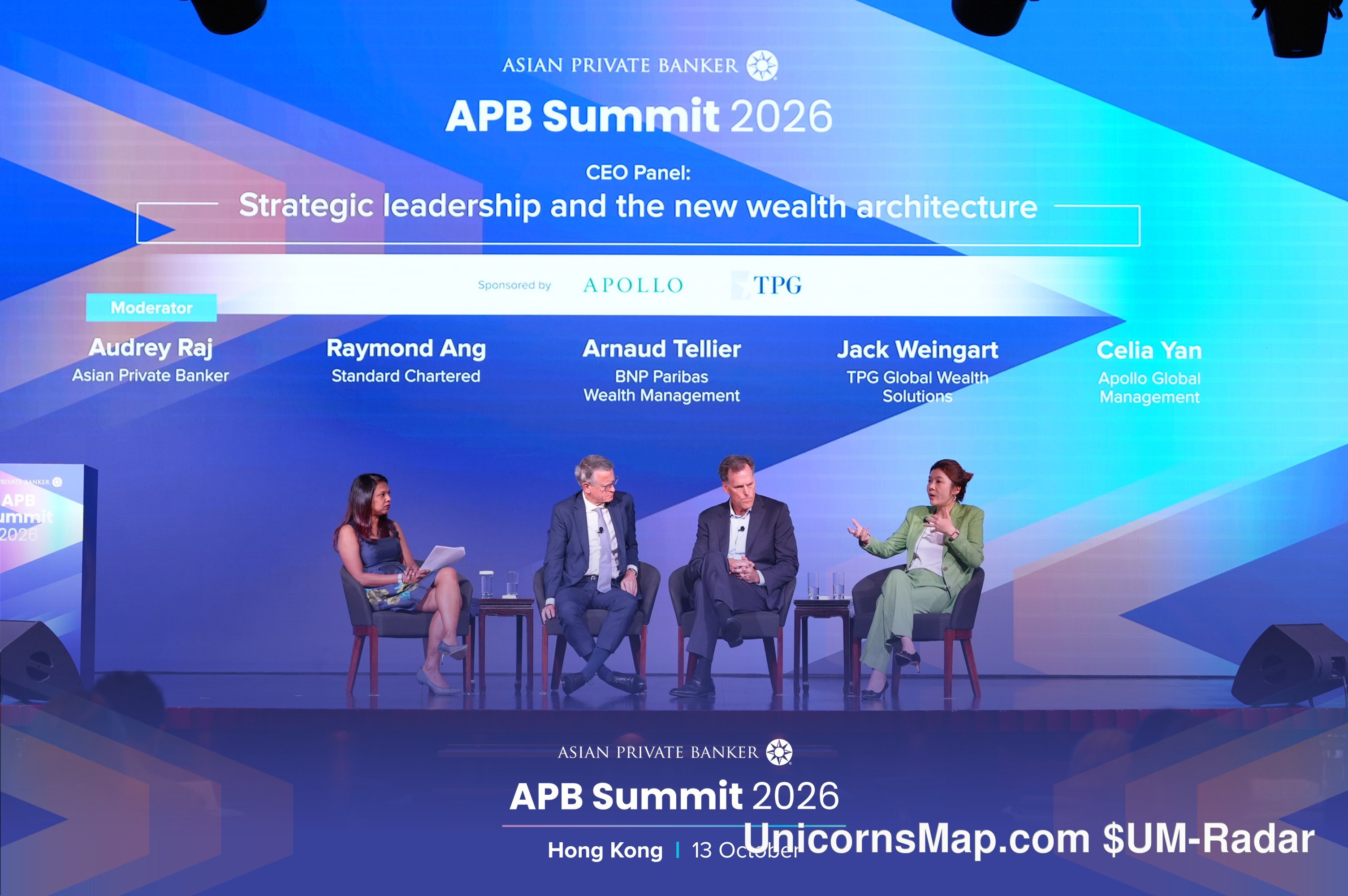 APB Summit 2026 Hong Kong — CEO Panel 'Strategic leadership and the new wealth architecture' on the event's own stage with the Asian Private Banker LED wall, Hong Kong, 13 October 2026