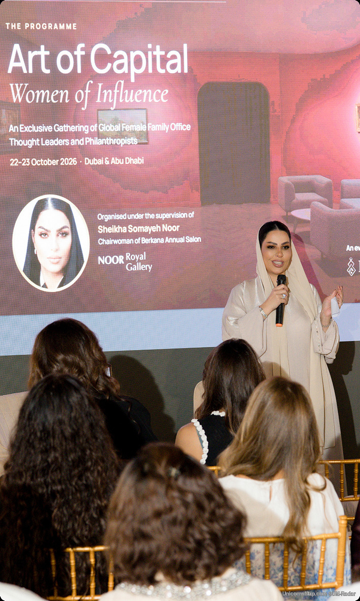 Vertical frame of the same opening session, with the programme screen legible: 'THE PROGRAMME / Art of Capital / Women of Influence / 22-23 October 2026 - Dubai & Abu Dhabi'