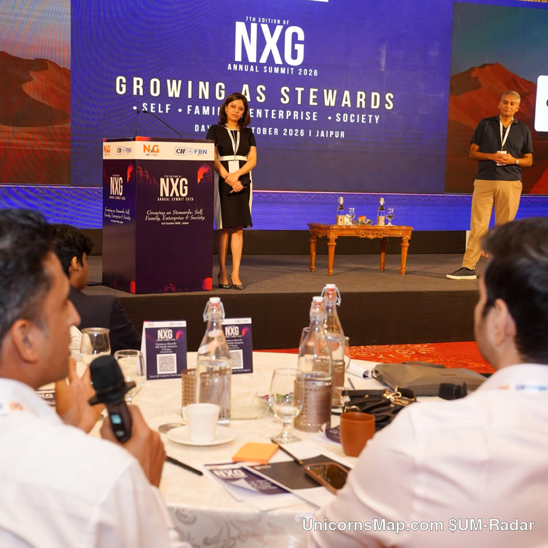 CII-FBN 7th NxG Annual Summit 2026 — stage view with the ‘Growing as Stewards’ LED wall, the NXG podium and the audience during a session, ITC Rajputana, Jaipur