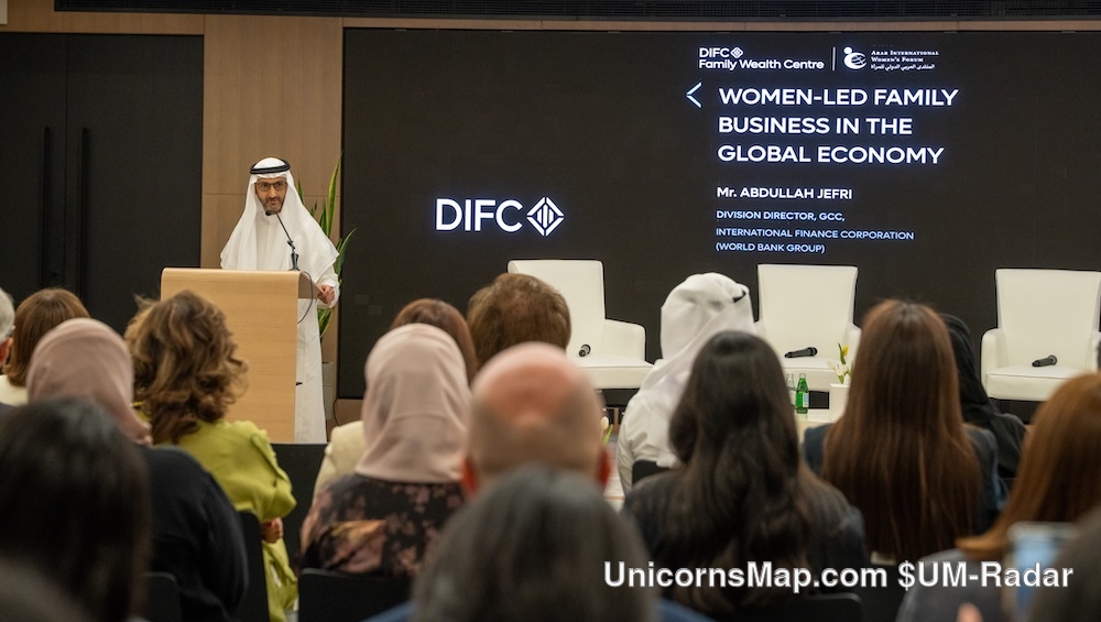 Women-Led Family Business in the Global Economy — the stage at DIFC with the event title on the LED wall and Abdullah Jefri of the International Finance Corporation delivering the Guest of Honour keynote, 5 October 2026