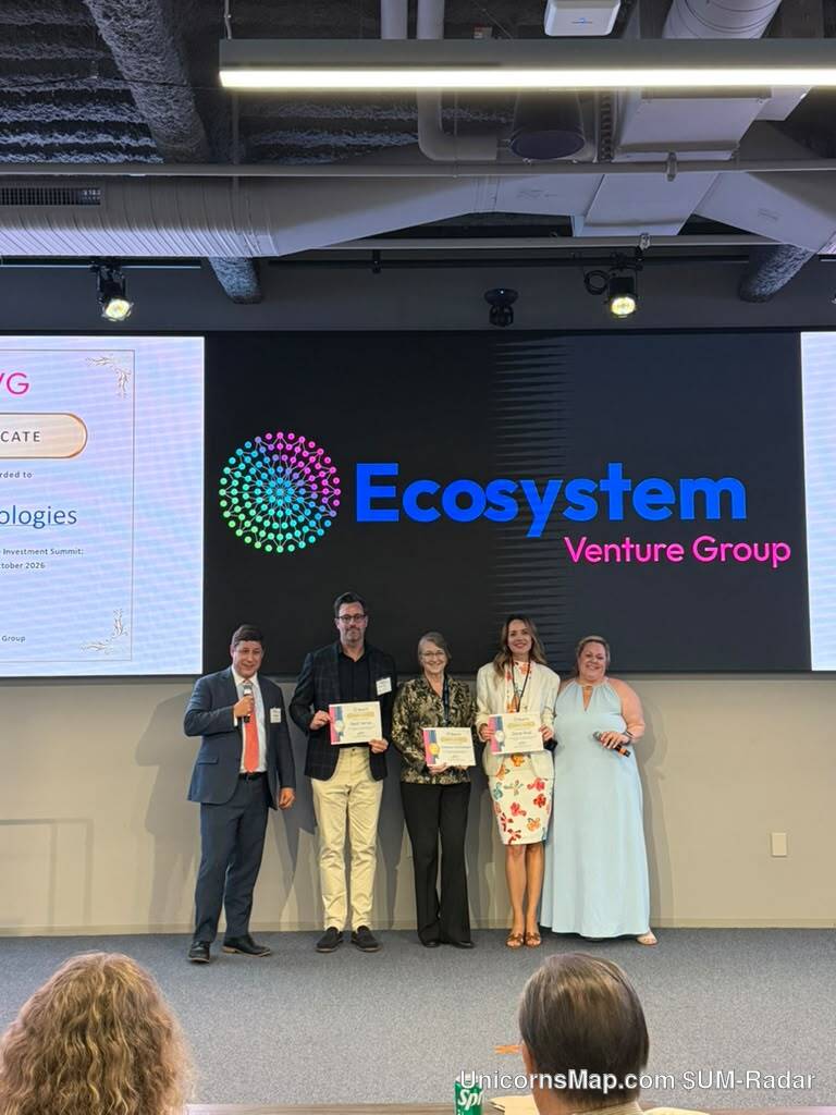 EcoVG Irvine Investment Summit 2026 — five people standing in a row on a low stage holding framed certificates, in front of a large LED screen reading 'Ecosystem Venture Group' with the EcoVG mark, a side screen at left showing the 'Investment Summit October 2026' slide, audience heads in the foreground
