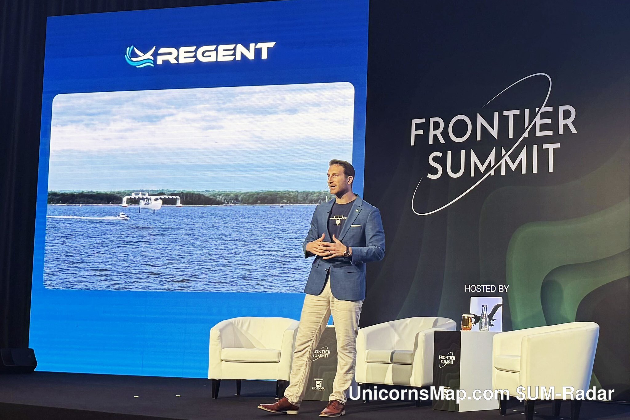 Frontier Summit 2026 Abu Dhabi — REGENT stage session with the company’s Seaglider slide and the Frontier Summit wordmark wall