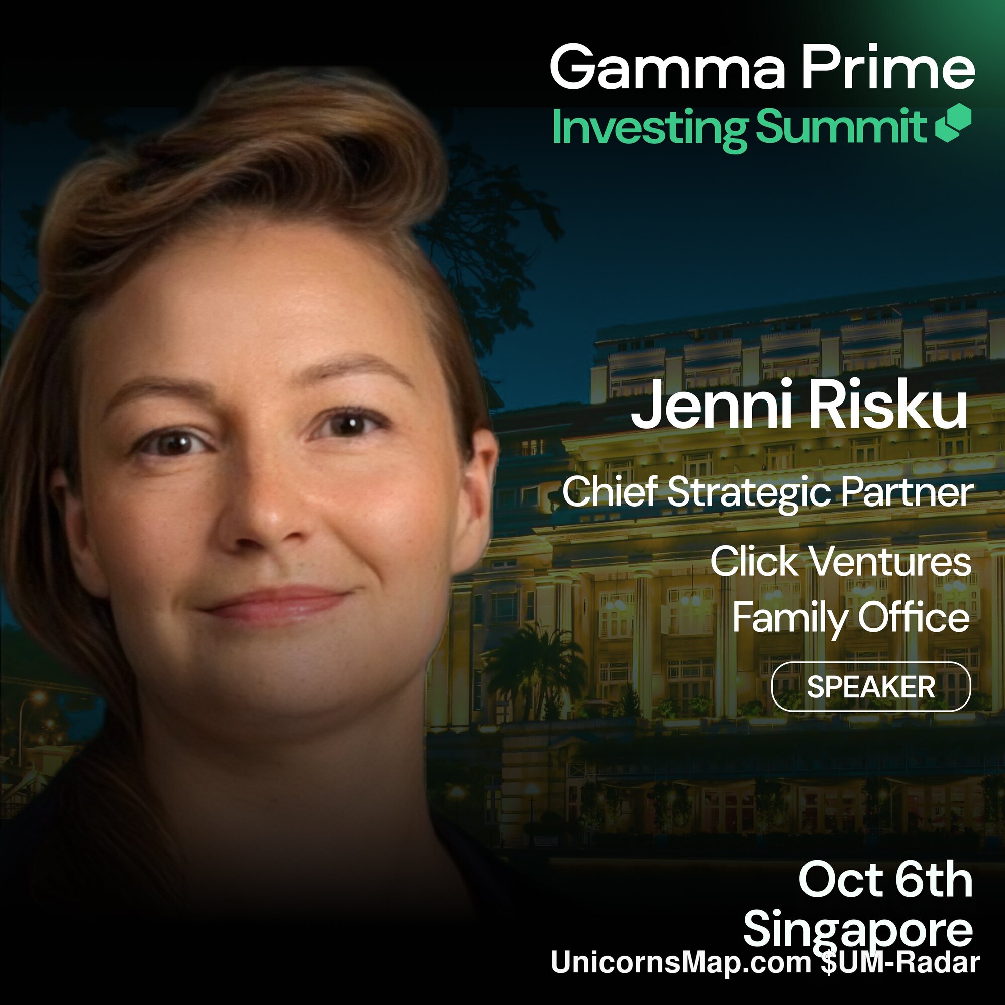 Gamma Prime Investing Summit 2026 Singapore — organizer speaker announcement card: Jenni Risku, Chief Strategic Partner, Click Ventures Family Office