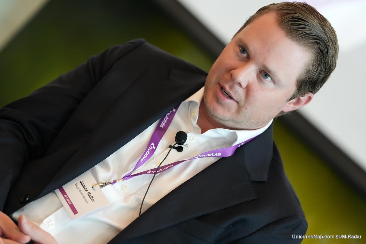 Hubbis Middle East Private Capital Forum 2026 — James Haller of Vesper Wealth Advisors speaking, name badge legible in frame