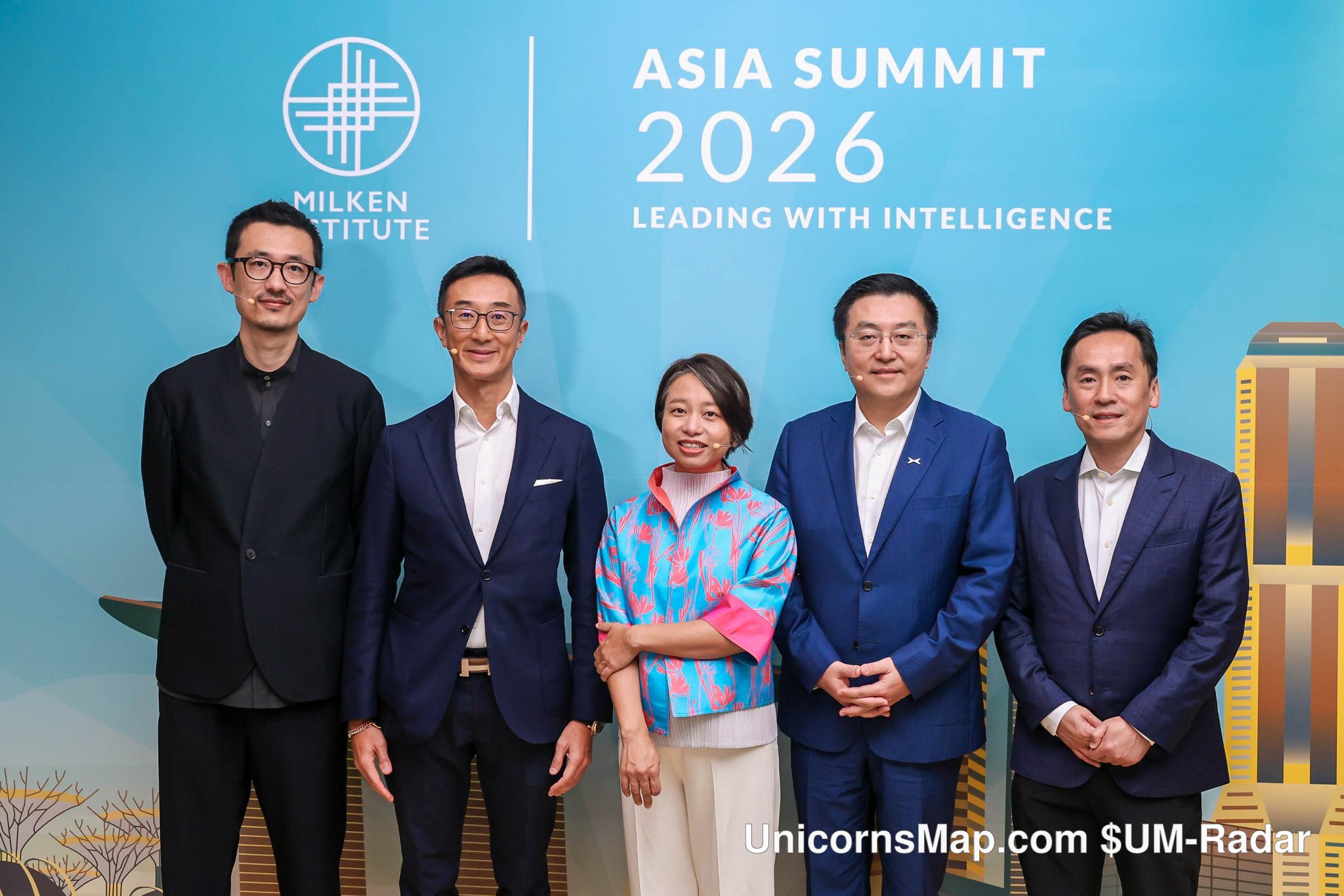 Milken Institute Asia Summit 2026 — five-person panel group on stage under the ASIA SUMMIT 2026 LEADING WITH INTELLIGENCE backdrop