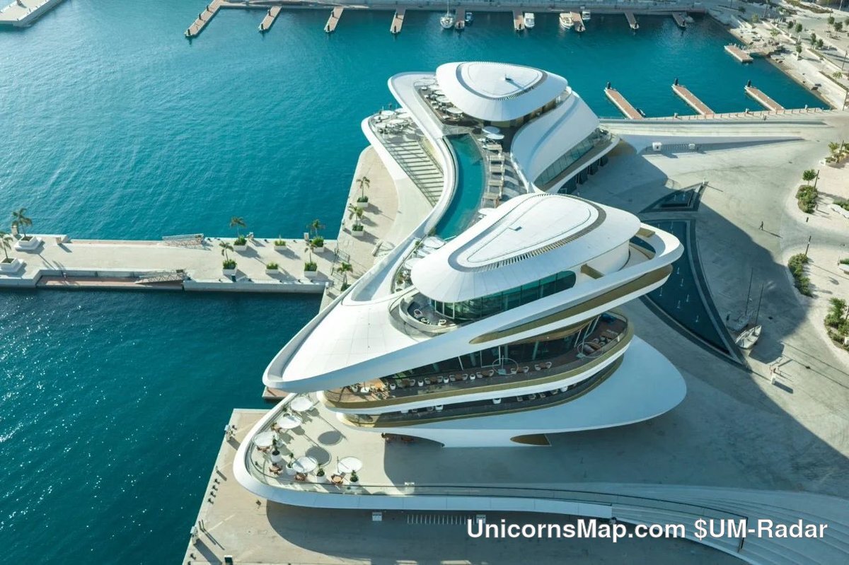 AMAALA Yacht Club — aerial view of the club building and marina, introduced at the Monaco Yacht Show 2026