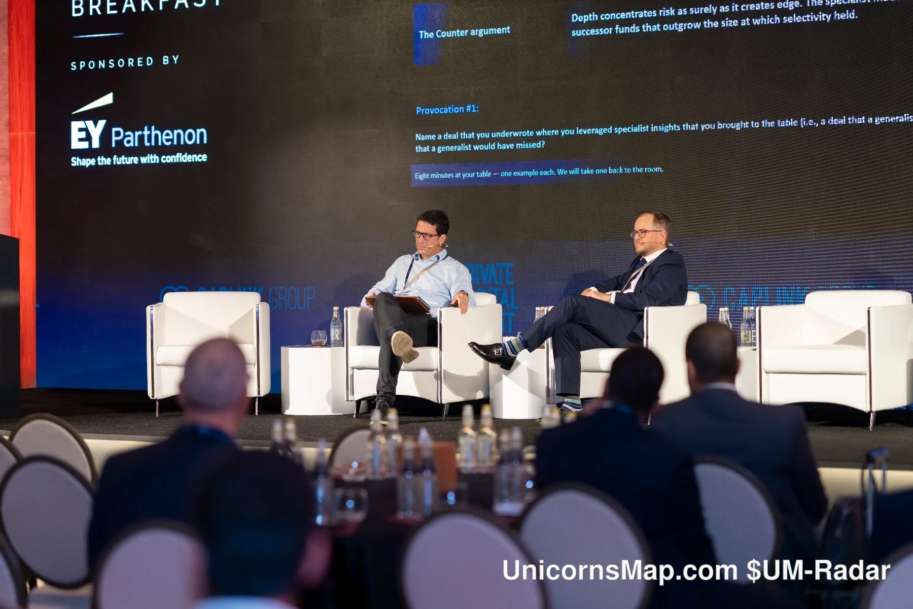 Breakfast session on the main stage at the Private Capital Summit, Dubai 2026, with the EY Parthenon sponsor slide on screen