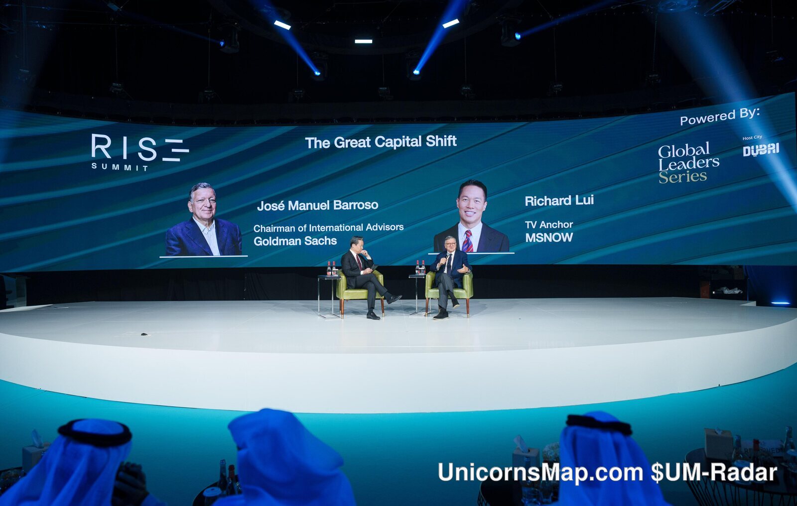 RISE Summit 2026 main stage, Dubai World Trade Centre - the LED wall reading The Great Capital Shift with Jose Manuel Barroso and Richard Lui on stage