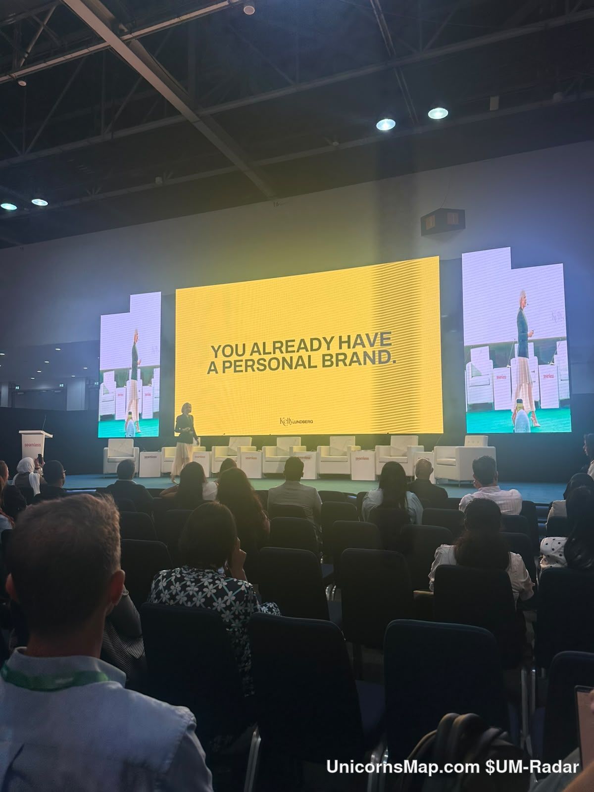 Stage 3 keynote at Seamless Middle East 2026 — Kelly Lundberg's personal-branding session on the stage LED screen