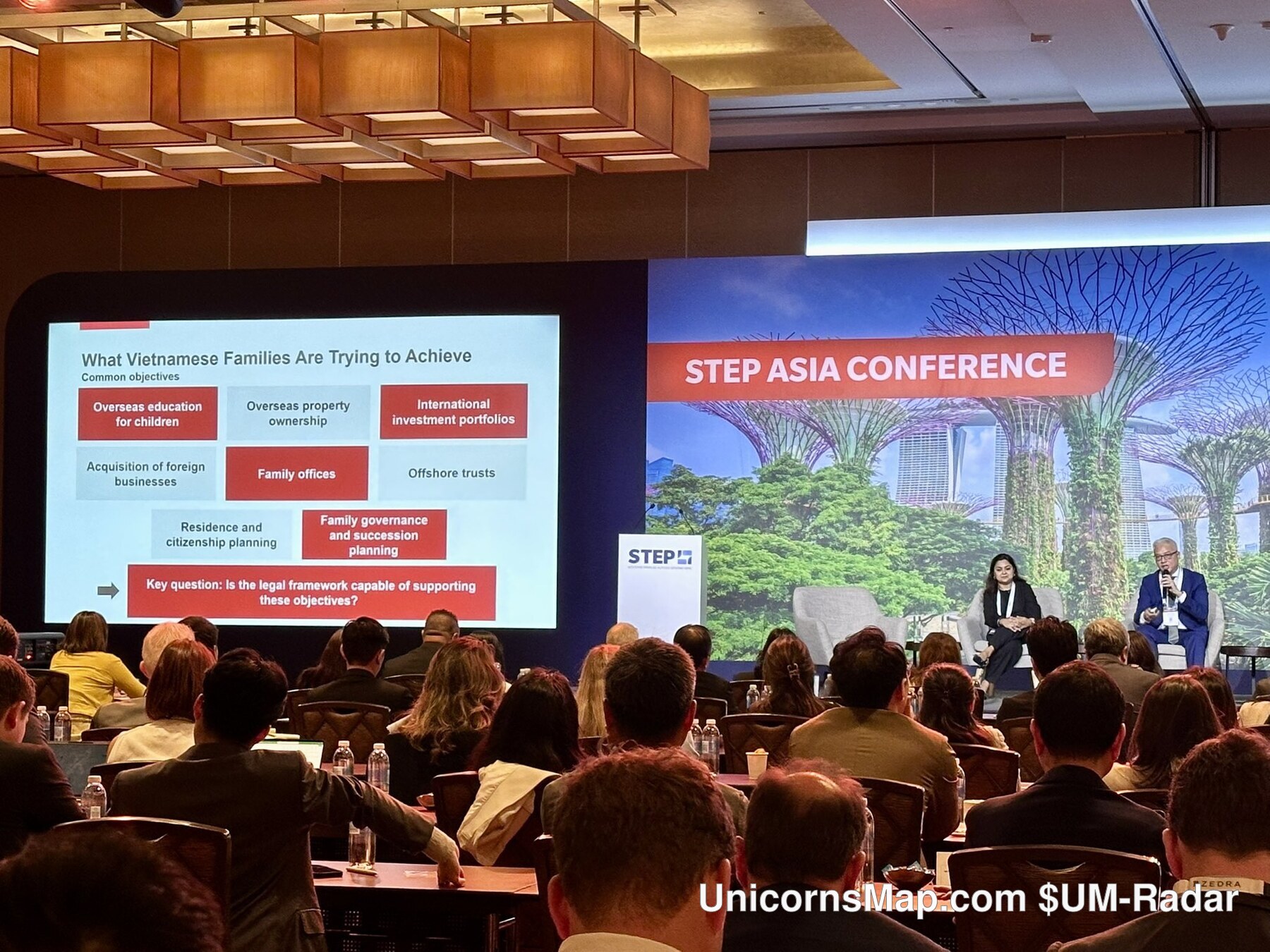STEP Asia Conference 2026 — panel stage with a slide headed What Vietnamese Families Are Trying to Achieve and two speakers in conversation under the STEP ASIA CONFERENCE screen