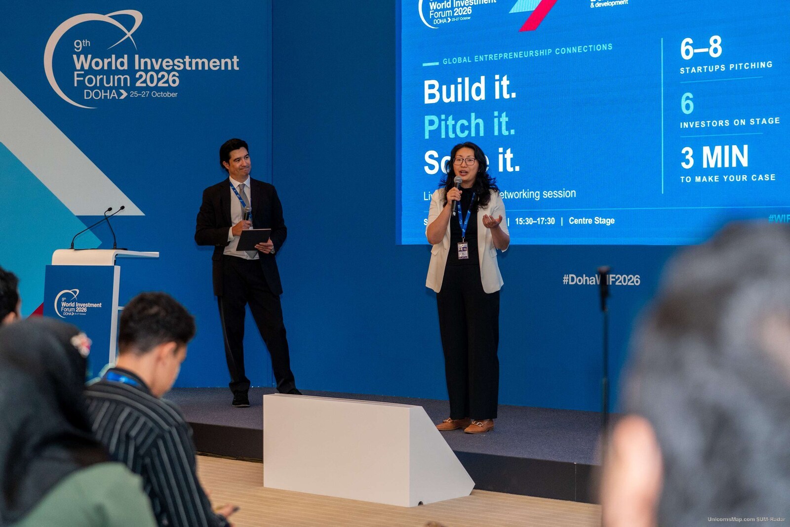 World Investment Forum 2026 Doha — the “Build It. Pitch It. Scale It.” session with a speaker seated on stage and the session screen listing eight investors and six investor-stage slots