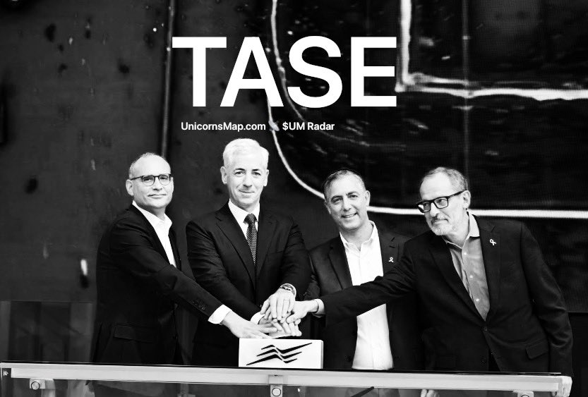 TASE bell-ringing hand-stack — source: @alexdolbun public X post TASE bell-ringing hand-stack with Bill Ackman and exchange leadership