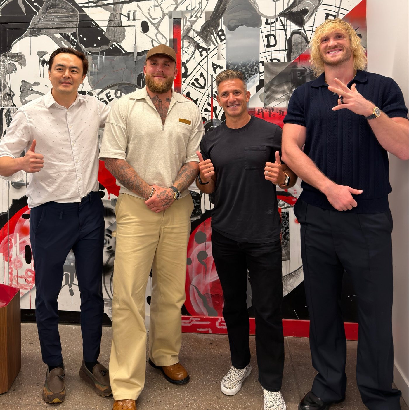 Anti Fund crew at Lux Capital, 2026-09-13 - published by the original poster (@wolfejosh on X; real photograph, Photo-QAA REAL-2 PASS). Geoffrey Woo at far left; the poster’s own caption names @geoffwoo, @jakepaul and @LoganPaul - no left-to-right mapping asserted for the other three figures. Anti Fund crew photographed at Lux Capital, 2026 - published by @wolfejosh on X