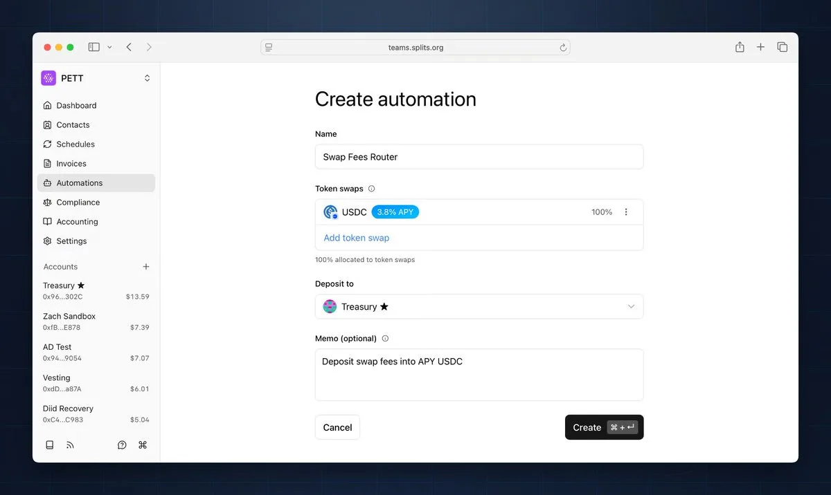 Splits app — Create automation screen with a USDC split routing 100% to a Treasury