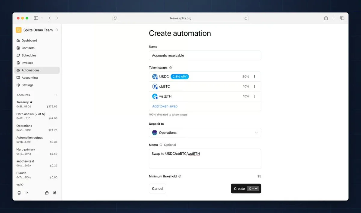 Splits app — automation splitting USDC across Base, Arbitrum, Optimism and Gnosis